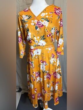 Floral Wrap Midi Dress in Mustard Yellow
